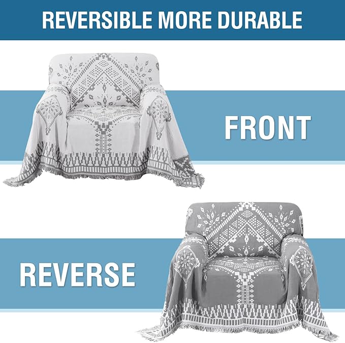 H.VERSAILTEX Reversible Sofa Cover Couch Cover for Dog Sofa Slipcover for Most Shape Sofa Furniture Protector with Tassels Sectional Couch Cover (Medium: 71" x 91", Dove Grey/White)
