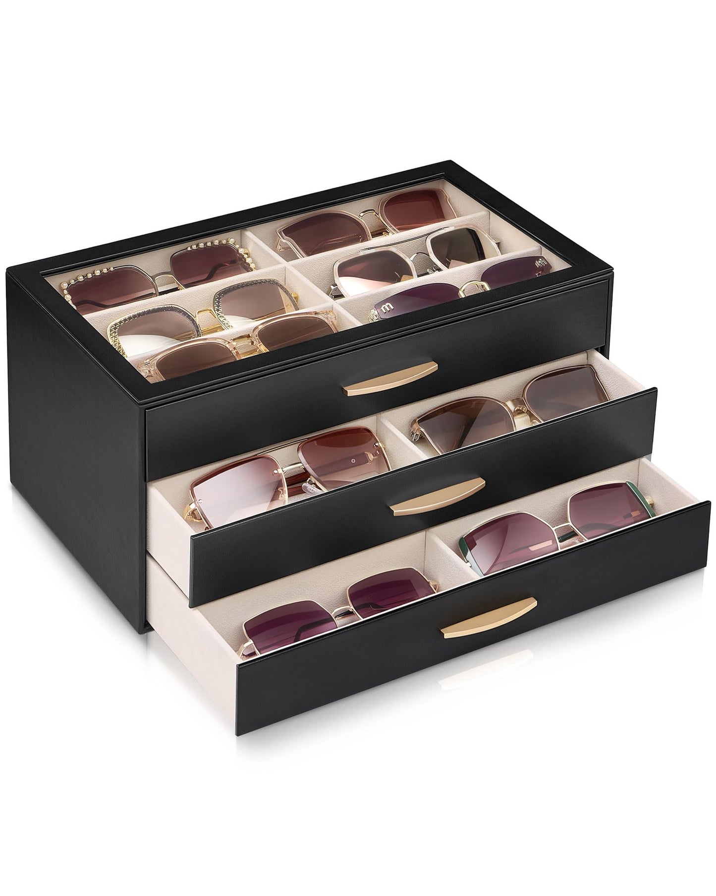 Lolalet 18 Slots Women’s Sunglasses Organizer with Enlarged Compartment, 3-Layer Eyewear Storage Box with Drawer, Glasses Case Display Holder with Clear Top Lid for Eyeglass Collection -Black
