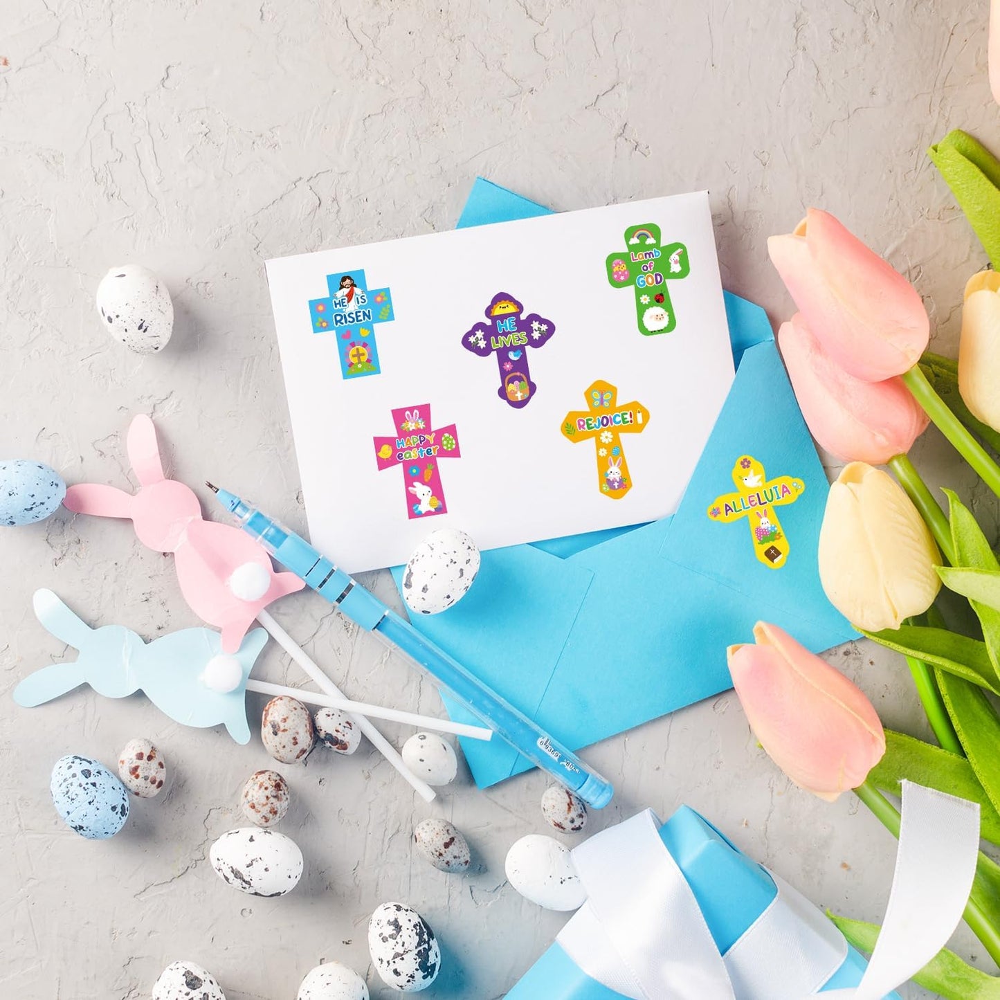 Haooryx Easter DIY Sticker Roll - 300Pcs Christain Religious Cross Shape Make A Face Stickers Self Adhesive Vinyl Waterproof Label Decal Water Bottle Laptop Skateboard Easter Egg Filler Party Supplies