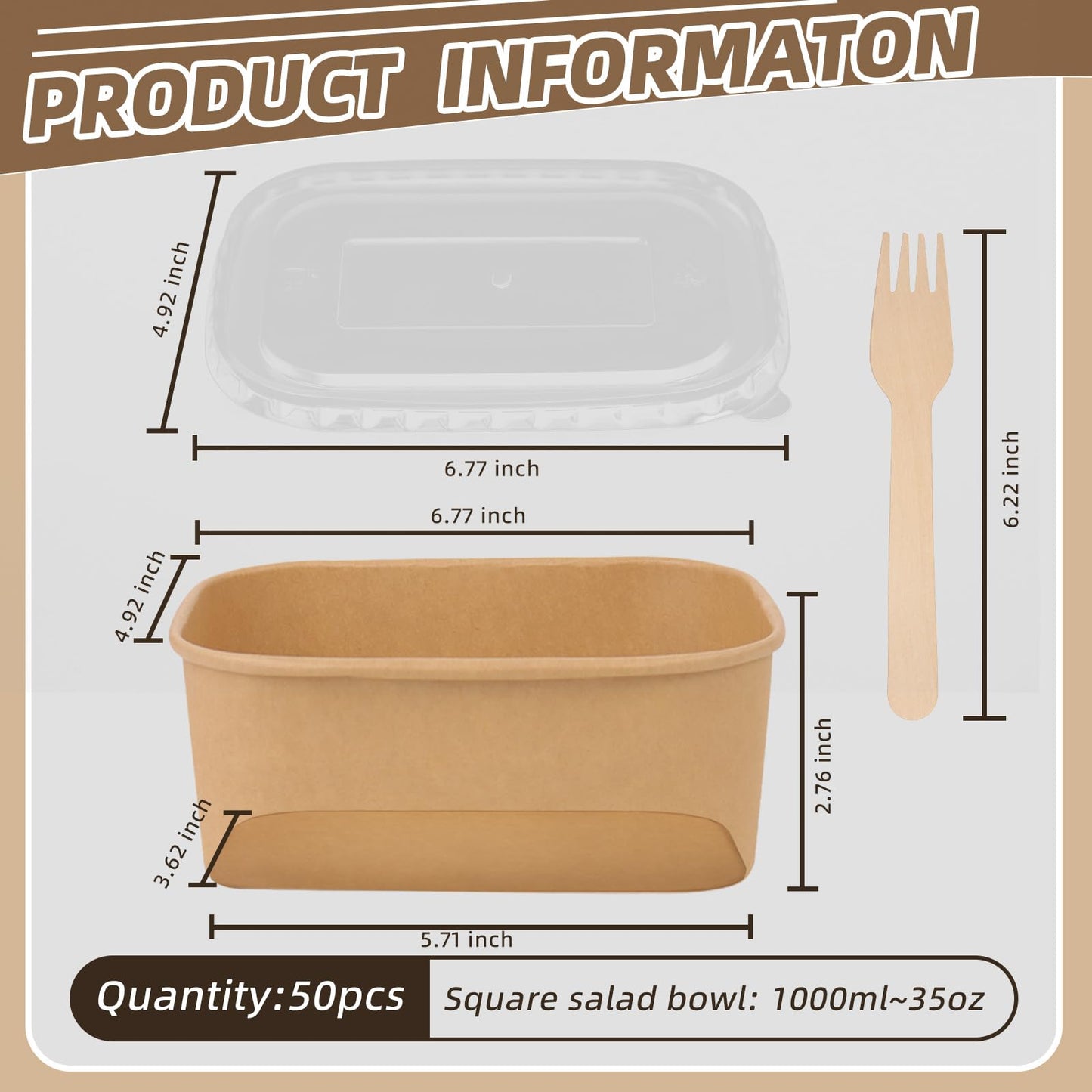 DeziWood 50 Pack 35 oz Paper Food Containers with Lids, Meal Prep Containers Disposable Large Paper Bowls, Microwavable and Freezer Storage Use Cardboard Food Containers