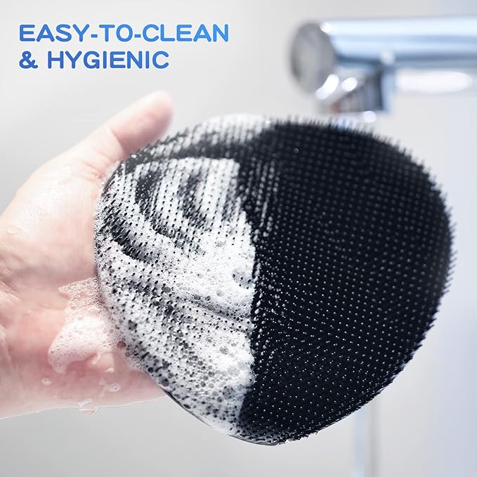 Manmihealth 15.7" Cute Back Scrubber & Soft Silicone Shower Brush Face Scrubber Set (3 PCS), Paw-Shaped Silicone Back Brush & Body Facial Scrubber with Super-Soft Bristles Combination(BlackSet)