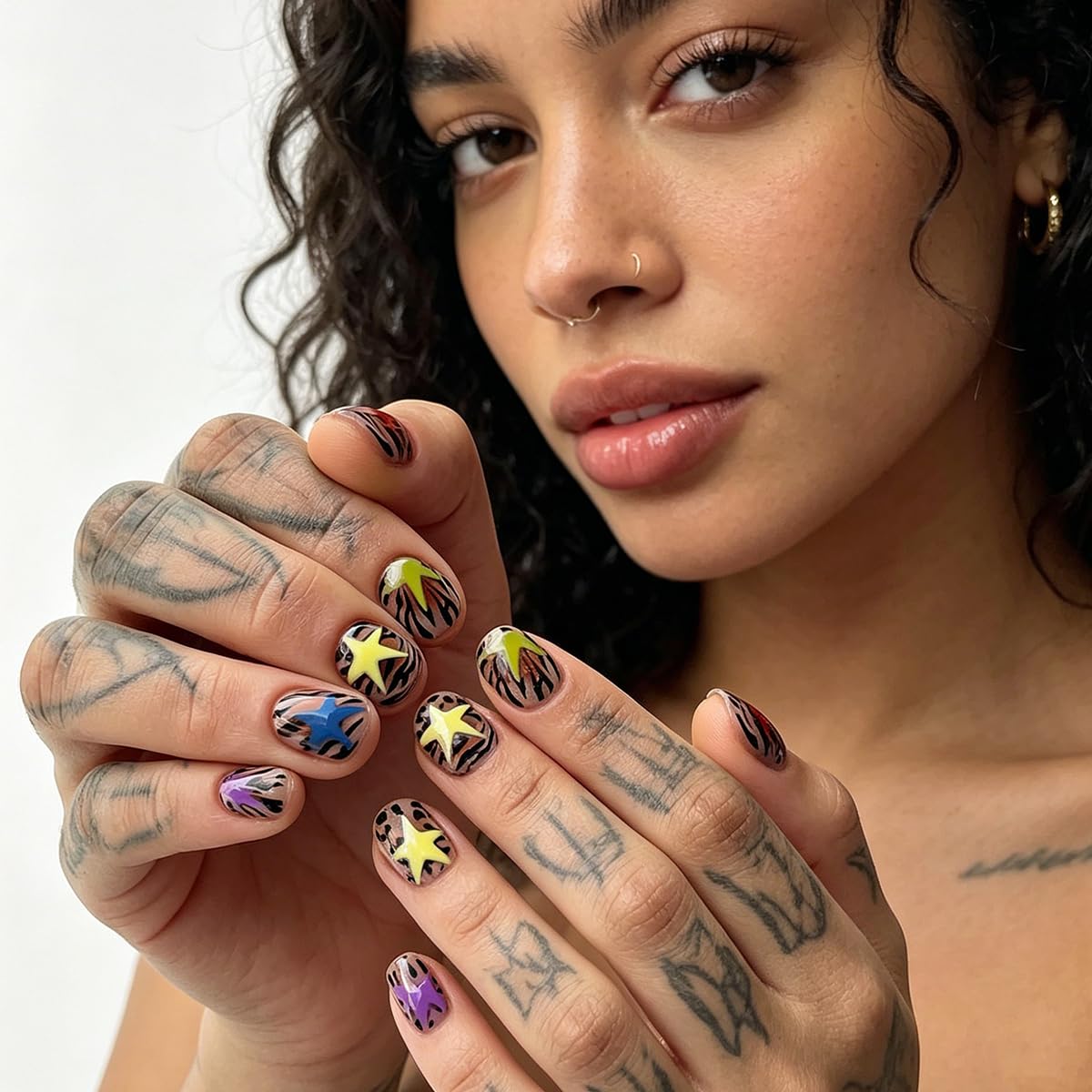 Short Square Press on Nails Colorful Star Fake Nails with Leopard & Zebra Print Design Acrylic Reusable Nails Press ons Full Cover Glossy Glue on Nails for Women Manicure 24Pcs