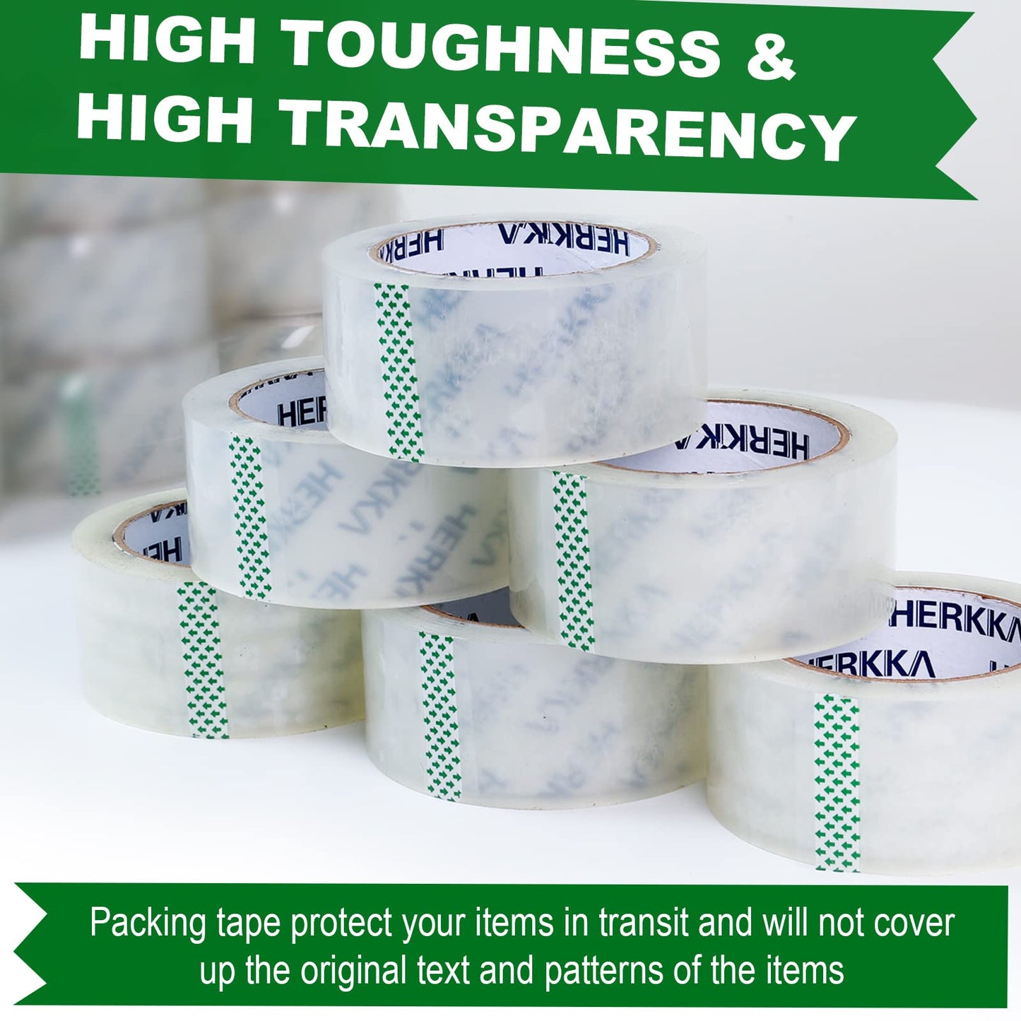 HERKKA Clear Packing Tape, 12 Rolls Heavy Duty Packaging Tape for Shipping Packaging Moving Sealing, 3Mil Thick Clear Packing Tape, 2 inches Wide, 65 Yards Per Roll, 780 Total Yards
