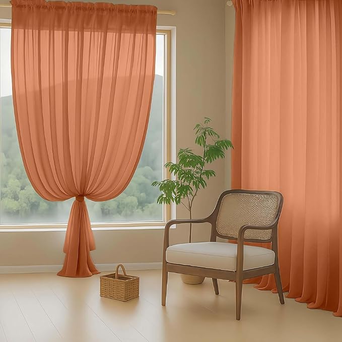 Orange Sheer Curtains for Window 72 inches Long 2 Panels Set, Soft Airy Modern Light Filtering Sheer Curtains for Living Room Bedroom, Dual Rod Pocket Solid Window Drapes, 2x42Wx72L inches