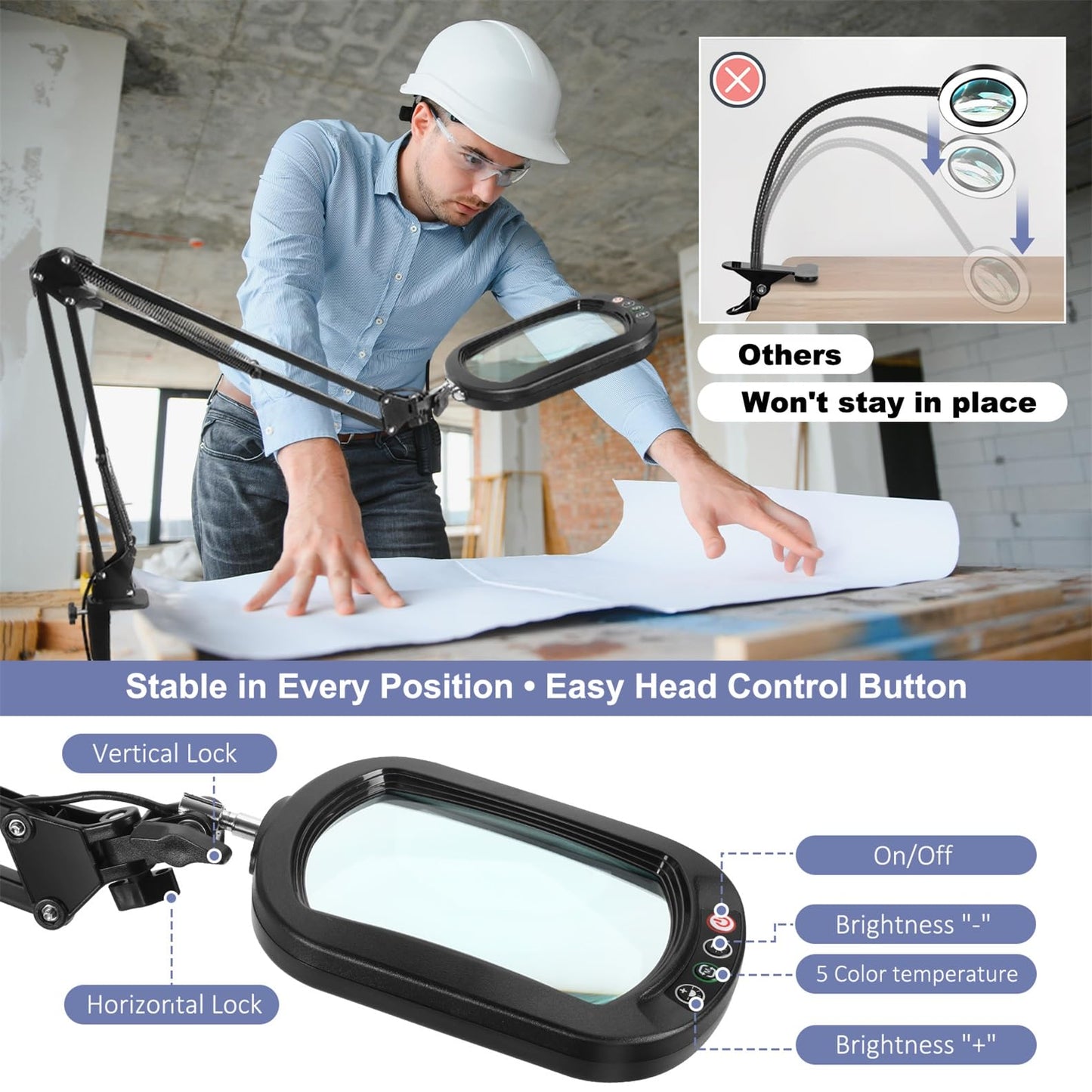 10X Large Magnifying Glass with Light and Clamp, Real Glass, 5 Color Modes, Stepless Dimmable, Lighted Magnifier with Stand Hands Free, LED Swing Arm Desk Lamp for Close Work, Craft, Reading, Painting