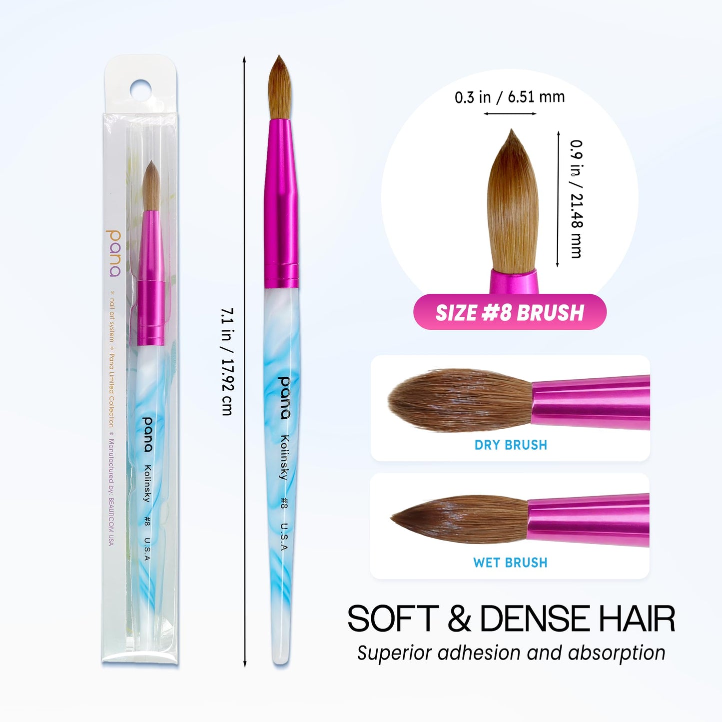 PANA USA Acrylic Nail Brush Pure Kolinsky Hair Acrylic White Swirl Blue Handle with Pink Ferrule Round Shaped - Size 8