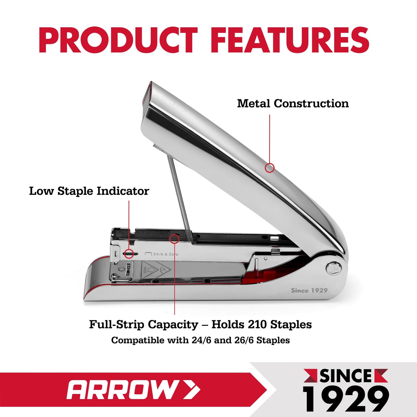 Arrow Metal Stapler, Full-Strip Stapler for Desk with 2520 Staples, 25 Sheet Capacity, Rear Staple Storage, Dual-Mode Anvil, Non-Slip Base, for Office, Classroom, and School