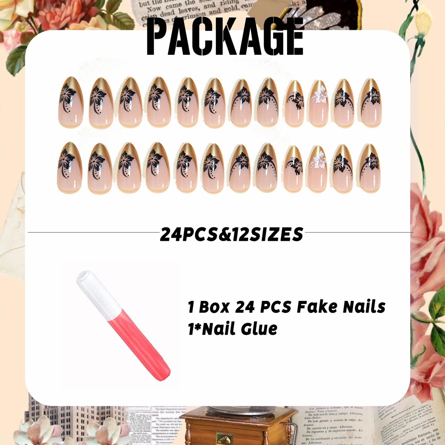 IMSOHOT Golden French Press on Nails Medium Almond Fake Nails with Black White Flower Designs Full Cover Glossy Acrylic Fall Glue on Nails