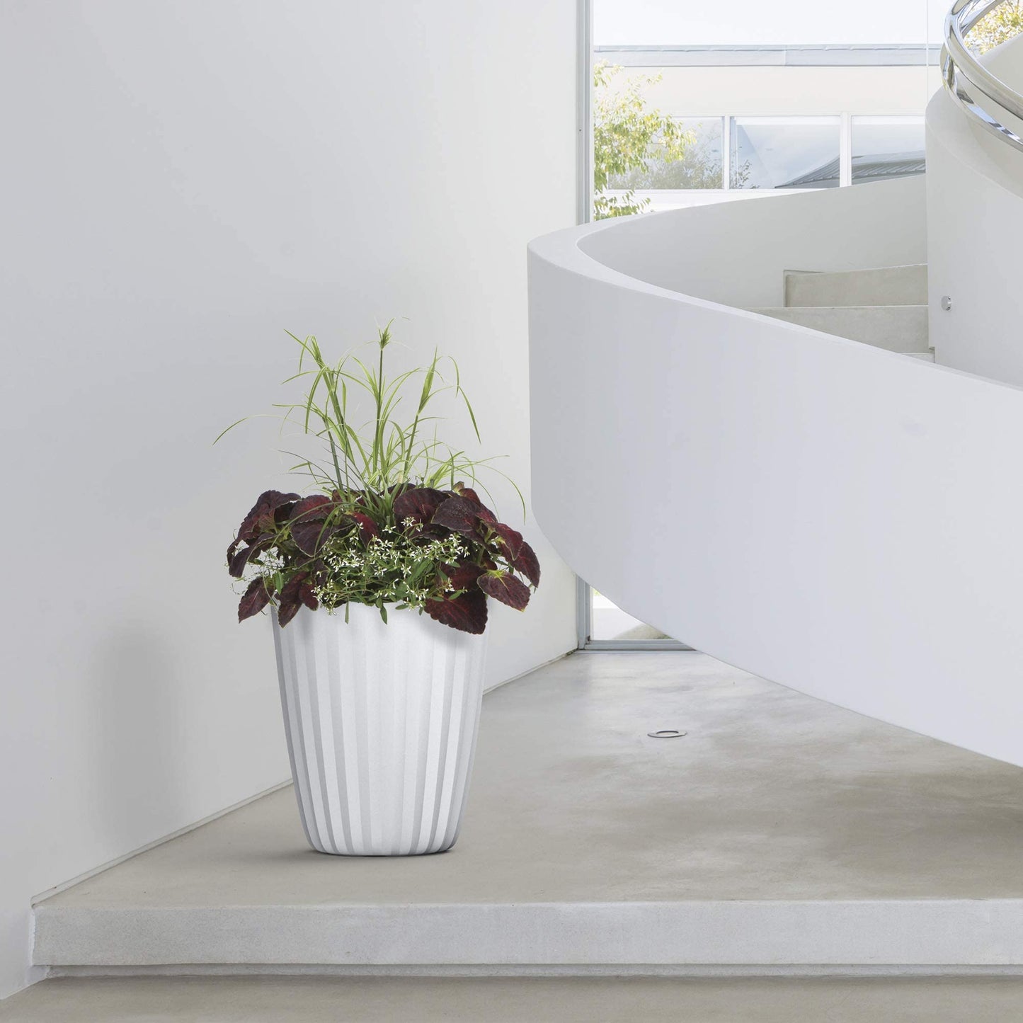 Crescent Garden Pleat Modern Decorative Planter, Indoor/Outdoor Pot, Resin Planter with Drain Hole - 15" W x 15" H (Ash)