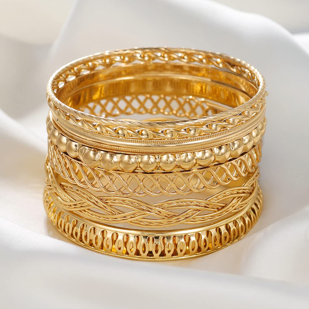 RINTOLER Vintage Hollow Pattern Gold Bangle Bracelet for Women - Bohemian Multi layered Stackable Texture Gold Bracelet Set Jewelry