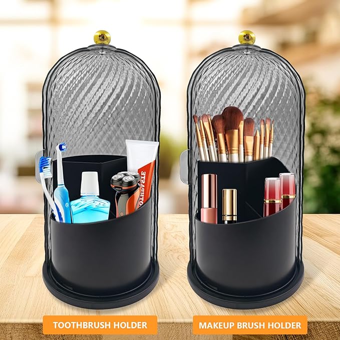 360 Rotating Makeup Brush Holder Organizer With Lid - Multifunctional Toothbrush Holder With Cover For Bathroom Countertop - Dustproof Storage For Make Up Brushes Toothbrush Toothpaste (Black)