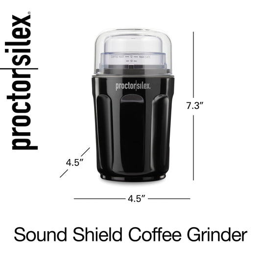 Proctor Silex Sound Shield Electric Coffee Grinder for Quiet Grinding, Stainless Steel Blades, Beans, Spices and More, 12 Cups, Black (80402)