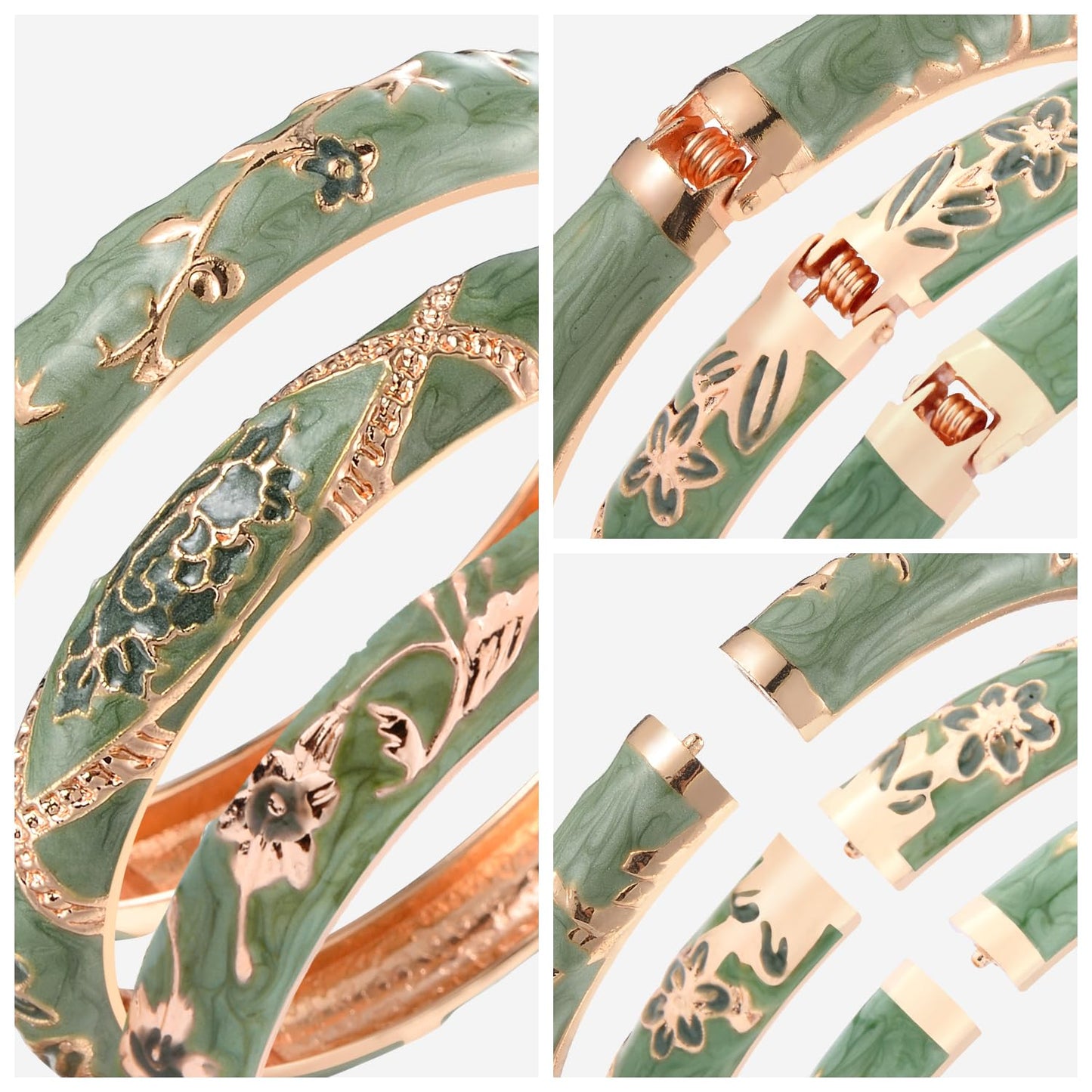 UJOY Womens Multi-Colors Cloisonne Bracelet Gold Plated Flower Enameled Hinged Cuff Bangles Jewelry Gift 55A-3PCS Green