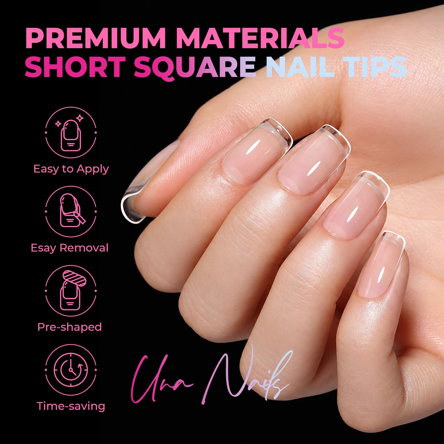 UNA GELLA Short Square Nail Tips 360Pcs, 15 Sizes No Filing Needed Soft Gel Nail Tips Square Short, Clear Full Cover Pre-Buffed Acrylic Nail Extensions, Soak Off False Nails for DIY Salon