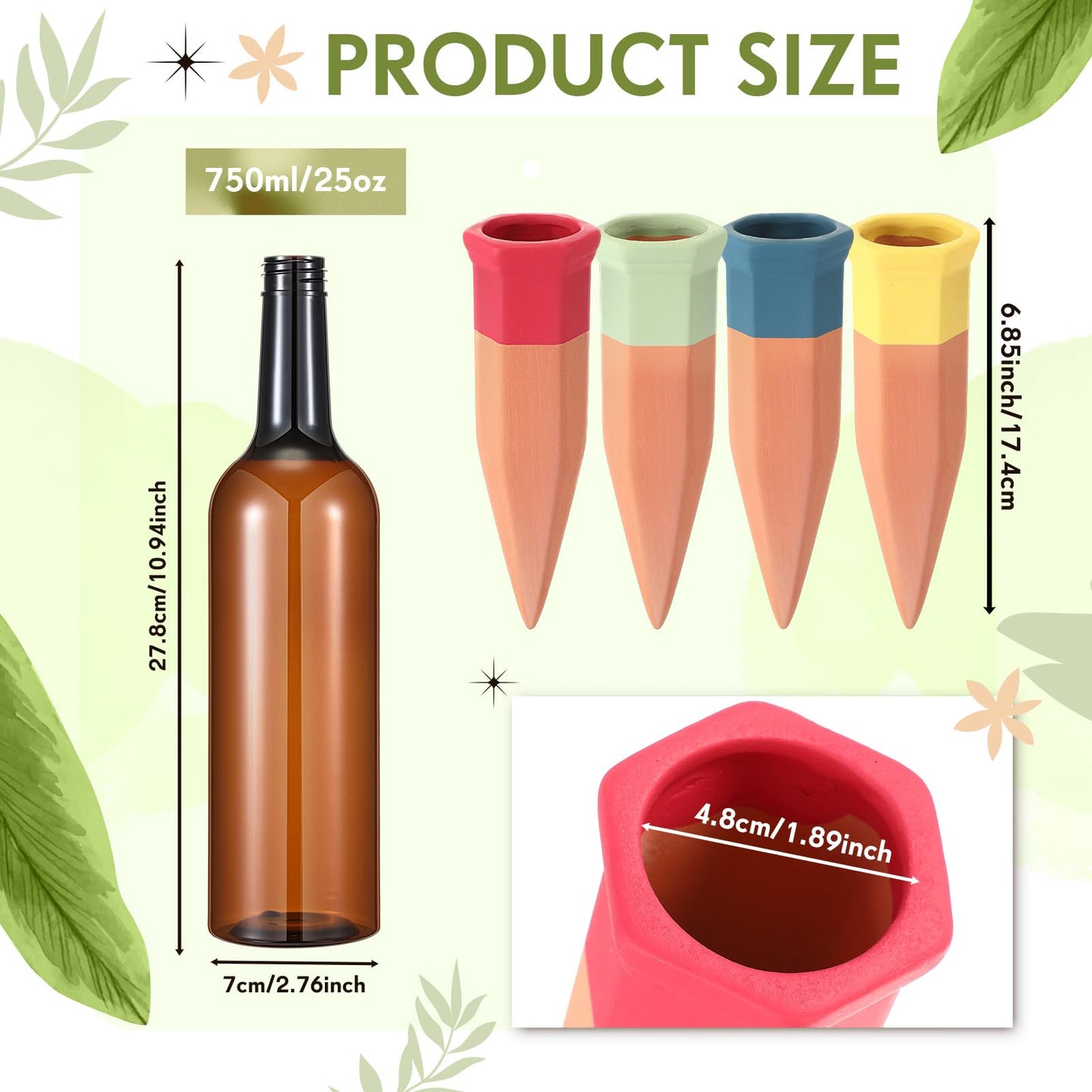 Baderke 8 Pcs 4 Set Plant Watering Devices, Terracotta Watering Spikes with 25 oz Plastic Wine Bottles, Slow Release Vacation Insert Automatic Plant Waterer Devices for Indoor Outdoor