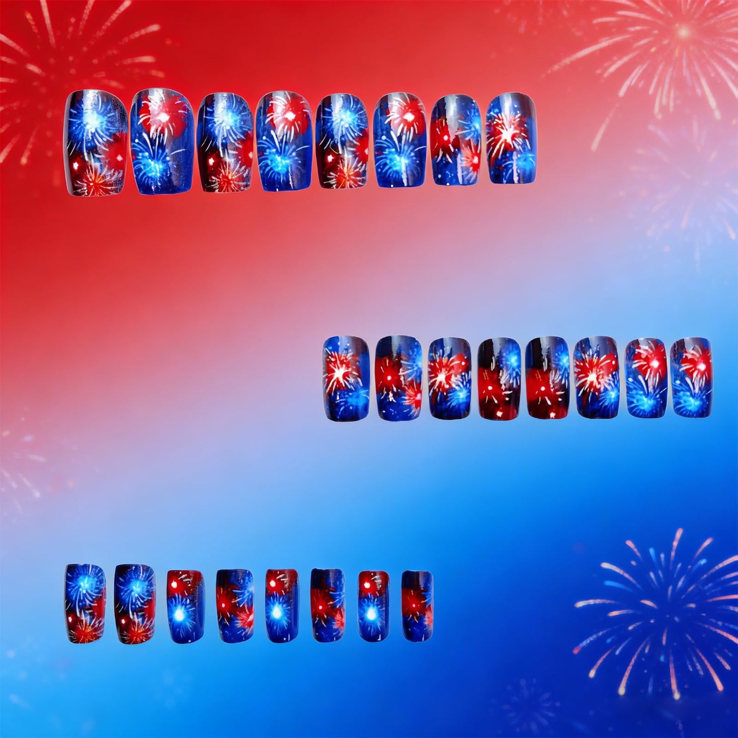 Firework Press on Nails Medium Square Fake Nails with Red Blue Fireworks Design Independence Day Artificial Nails Reusable Full Cover Glossy Stick on Nail for New Year Celebration24Pcs
