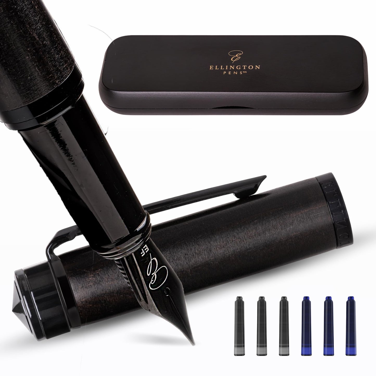 Ellington Pens Luxury Wood Fountain Pen Set – Fine Nib - Includes 6 Ink Cartridges, Wooden Pen Gift Box, Ink Converter - Wood Pen For Writing, Calligraphy, Journaling, Drawing (Ebon Elegance)