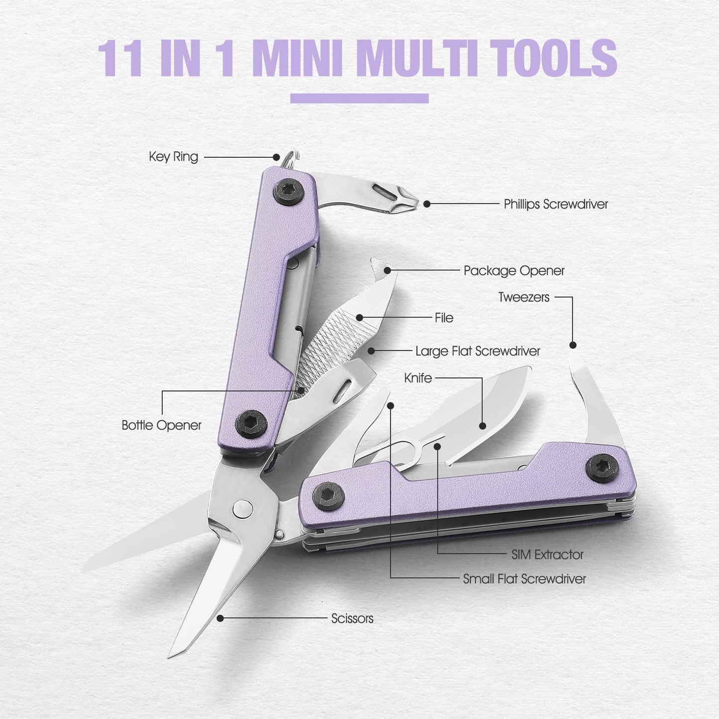 Multitool with Pocket Knife,Gifts for Men and Women, 11-in-1 Mini EDC Multitool with Screwdriver, Scissors, SIM Extractor and Bottle Opener, Perfect for Outdoor, Hiking, Simple Repair (Purple)