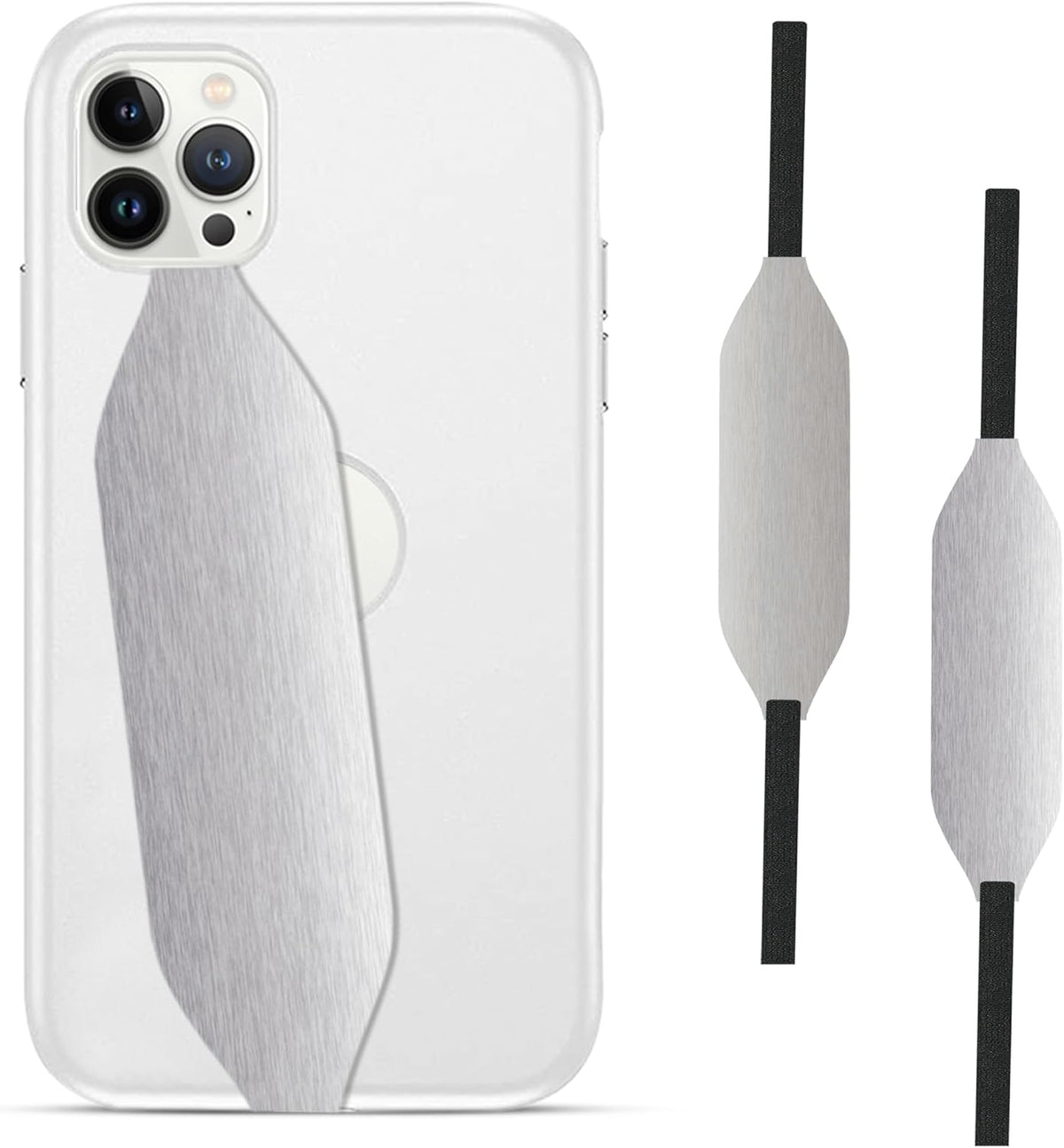 Phone Grip Strap - Reversible Finger Holder for Phone Back, Customizable Anti-Slip Design, Wireless Charging Compatible Detachable Holder for iPhone - Metallic Silver