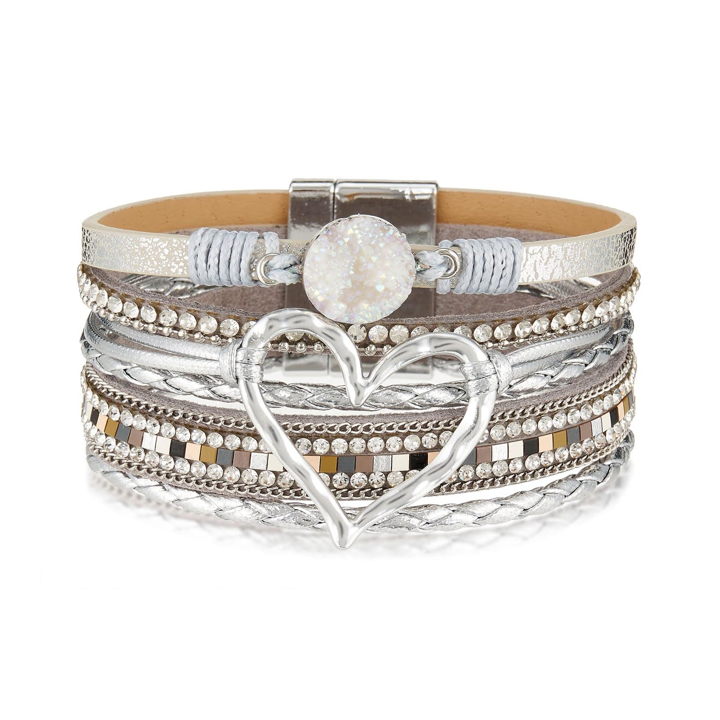 QIUTIMIY Leather Bracelets for Women Trendy Boho Cuff Bracelet Layered Bangle with Clasp Hand Wrist Jewelry Western(Style 6-Gray)