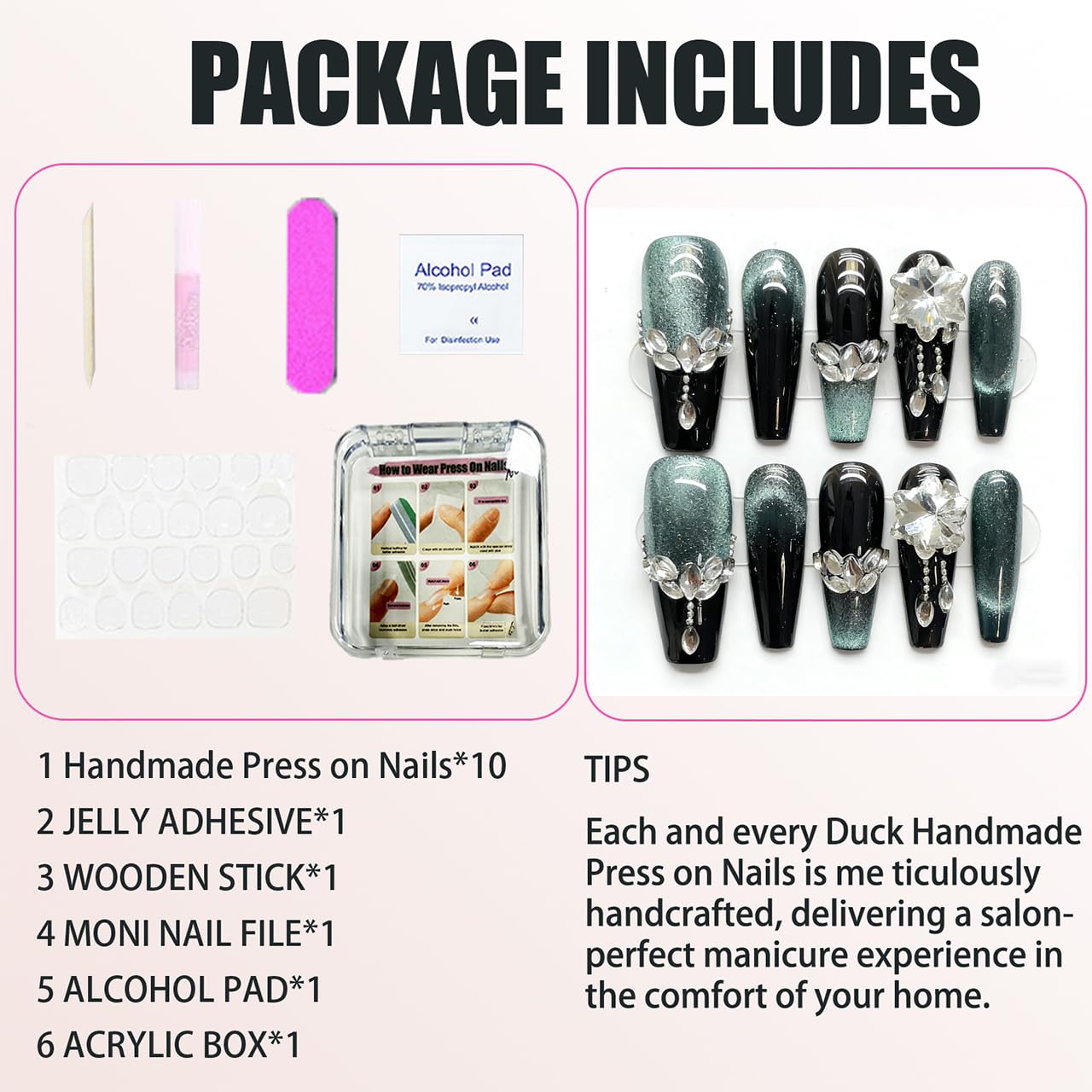 Handmade Press on Nails Square Luxurious Dark Green Gradient Cat's Eye with Heavy Gemstone Decoration Acrylic Nails Press on Handmade Nails Luxury Press On Nails(L)