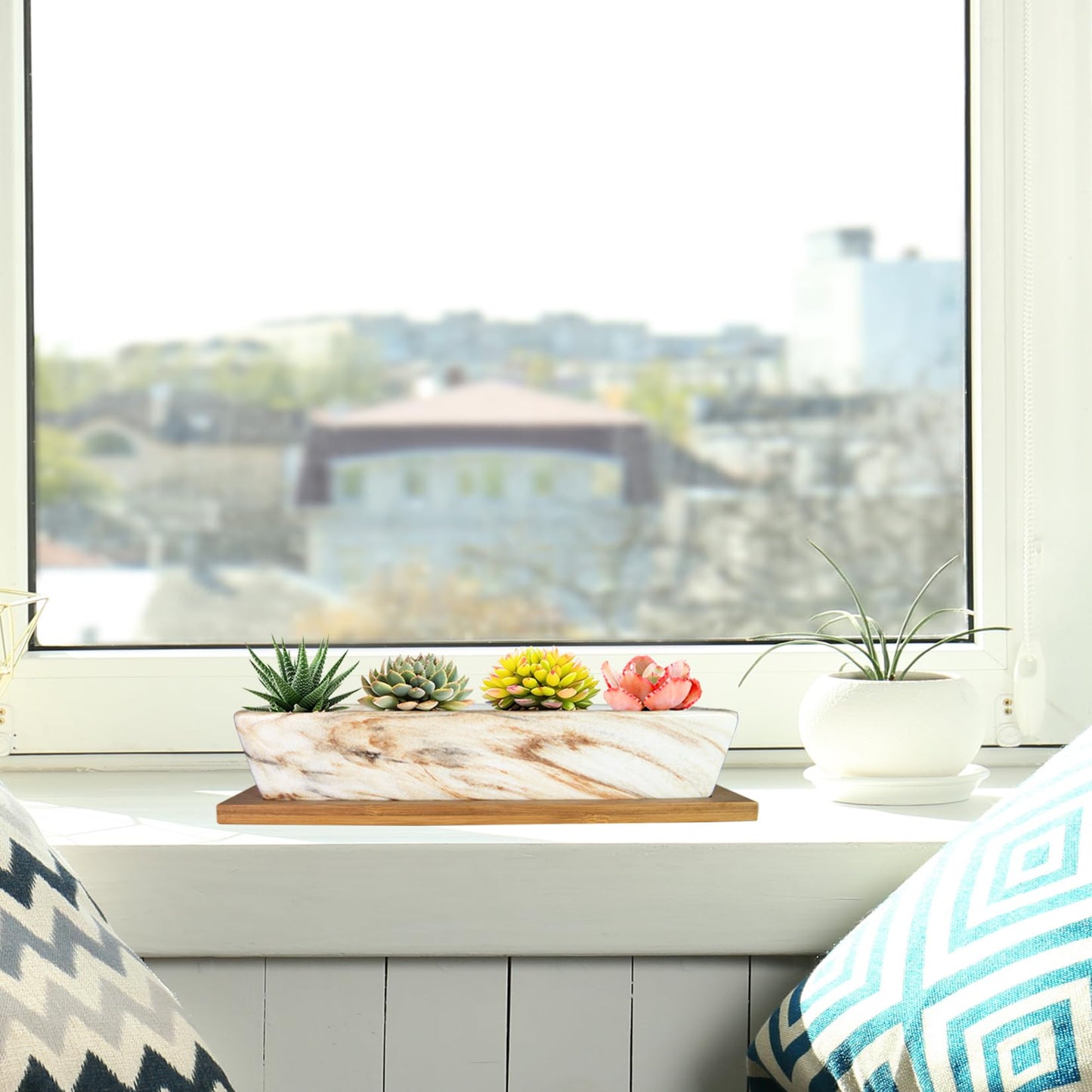 ARTKETTY Succulent Pots, 9.8 Inch Ceramic Succulent Planters with Drainage Small Bonsai Pot with Bamboo Tray, Mini Cactus Flower Planter Pot Shallow Rectangular Window Planters for Indoor Plants