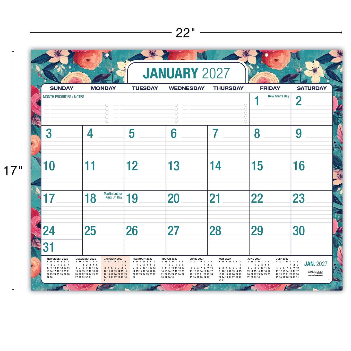 Desk PAD: 22" x 17" Large Print Desk Pad Calendar, APR 2026 - DEC 2027, 21 Months, (Teal Floral)
