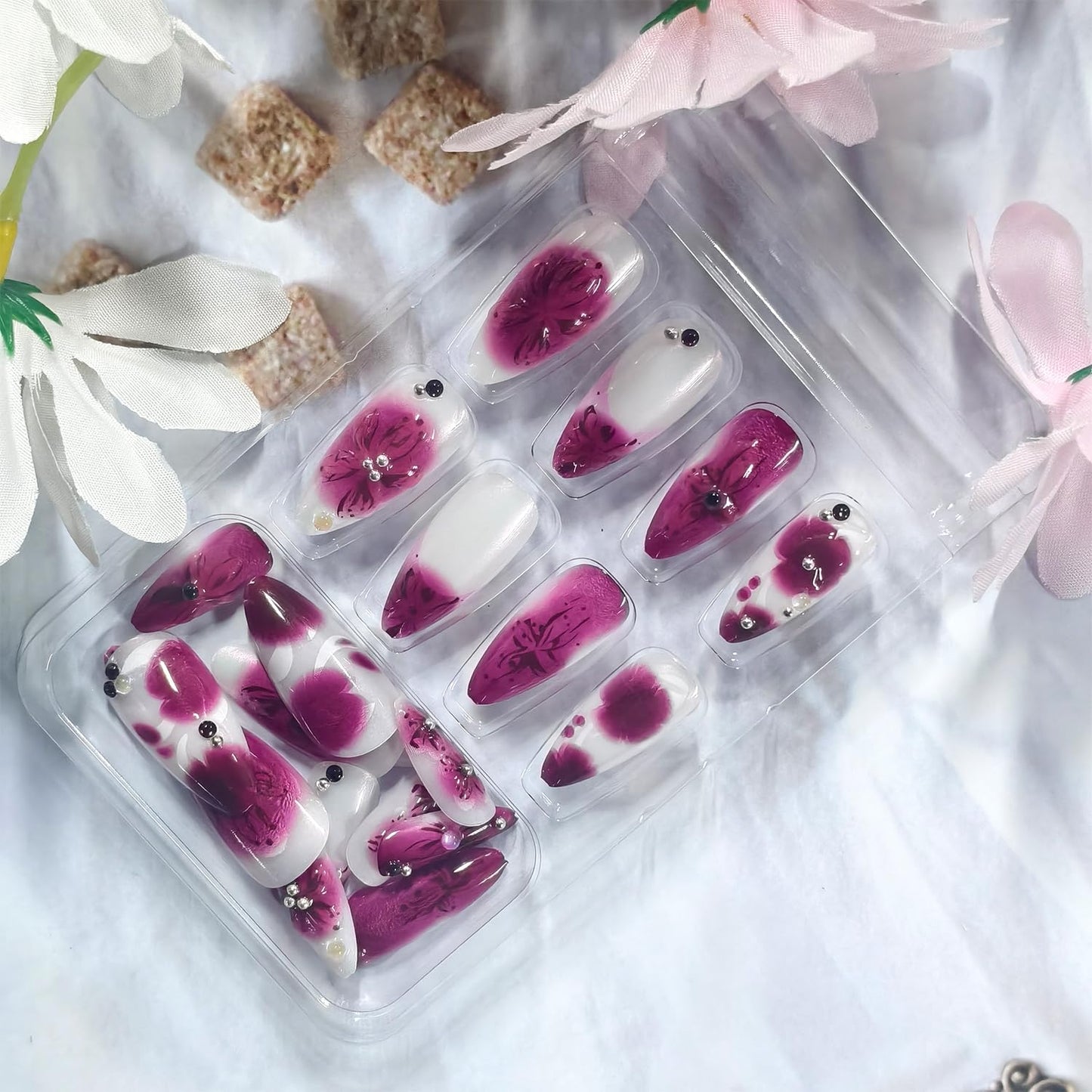 Flower Press on Nails Medium Almond Artificial Acrylic False Nails French Gradient Floral with Rhinestones Design Stick on Nail Full Cover Reusable Coffin Artificial Fingernails for Women Manicure