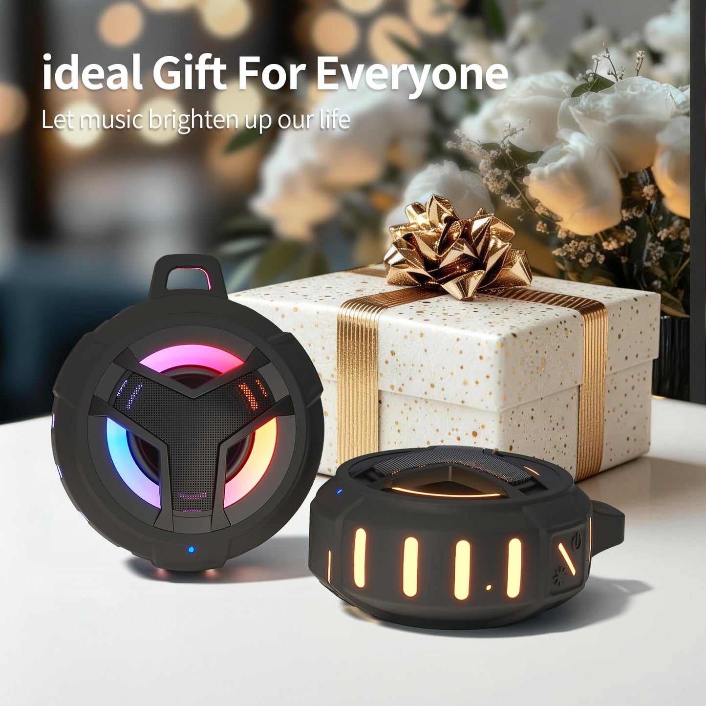 EBODA Bluetooth Shower Speaker, Portable Bluetooth Speakers, IP67 Waterproof Wireless Speaker with LED Light, Floating, 2000mAh, True Wireless Stereo for Kayak, Beach, Gifts for unisex -Black