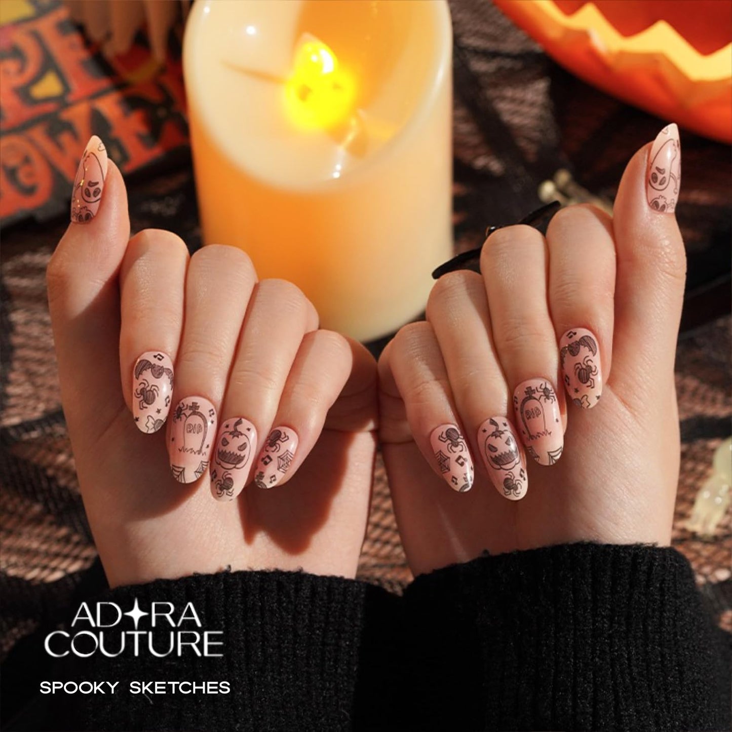 Adora Couture Semi Cured Gel Nail Strips with 20 Pieces - UV Gel Stickers, Manicure Kit, Easy Application Wraps Includes Prep Pads, Nail File, Wooden Stick - UV Light Required (Spooky Sketches)