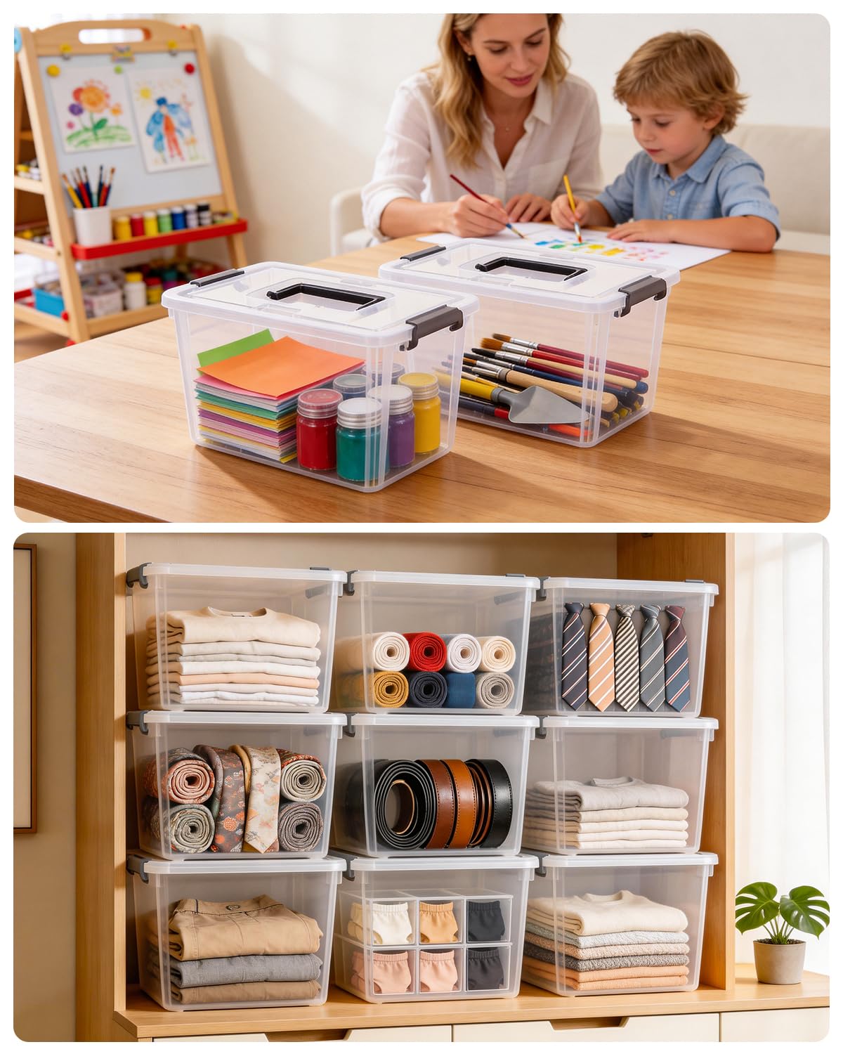 Citylife 4 Packs Plastic Storage Bins with Latching Lids Clear Storage Box with handle Stackable Storage Containers for Organizing Toys, Crafts, Tools