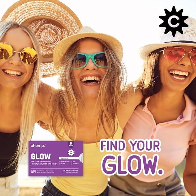 Chomp Gums - Glow - Beauty Gum (12 Pack) - Healthy Chewing Gum - Pomanox + Biotin + Zinc - Supports Healthy Skin, Hair, & Nails - Pomegranate Flavor - Gluten & Sugar Free - Aspartame & Sucralose Free