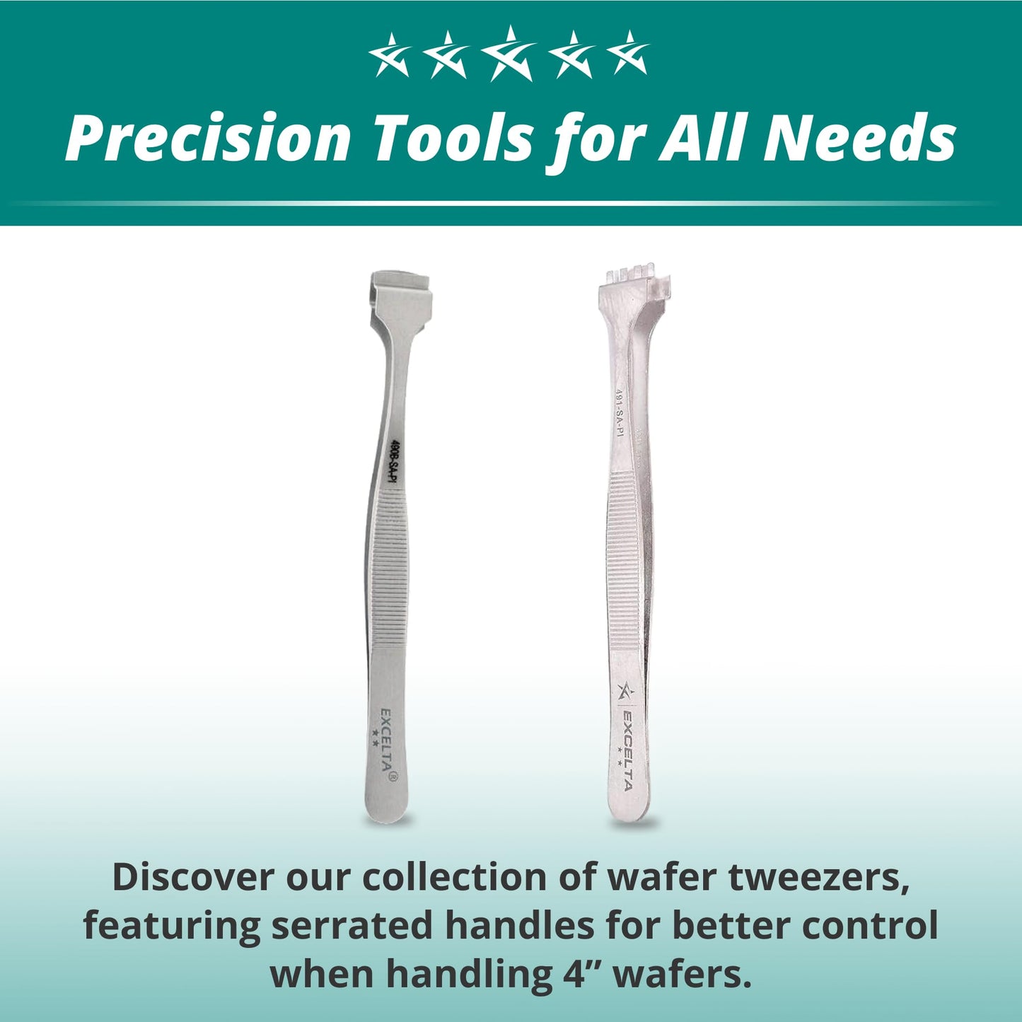 Excelta Wafer Tweezers for 4" Wafers, 5" Fingered Paddle with Guide Pin, Anti-Magnetic Stainless Steel, Features Serrated Handles for Better Control, Intermediate