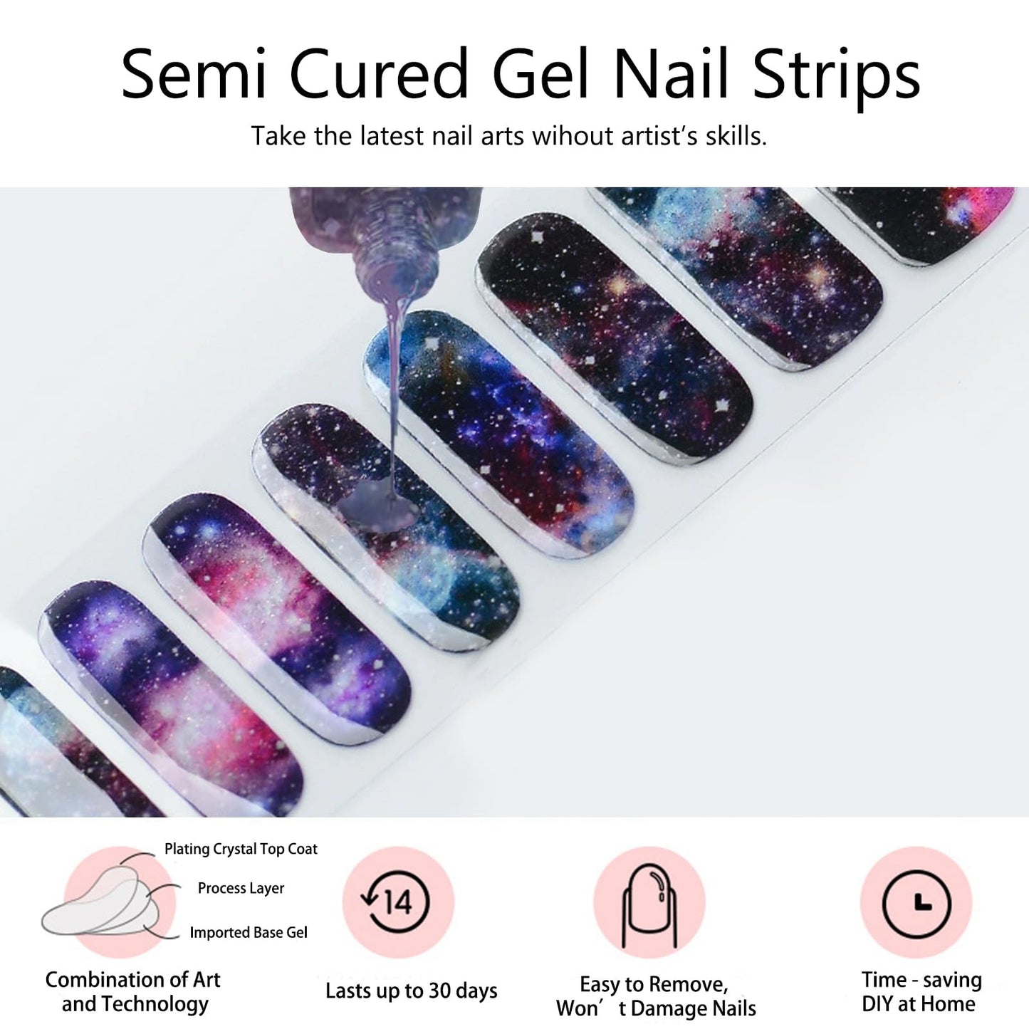 SILPECWEE Semi Cured Gel Nail Strips (Galaxy, Starry Sky Star - 22PCS), Gel Stickers Full Nail Wraps Need UV Light, Salon Quality & Easy to Use Manicure Sticker Nails for Women Girls