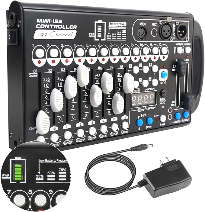 Battery Dmx Controller with Midi, Portable Dmx Controller for Moving Head Lights, Dmx 192 Controller Lighting Console, Dmx512 Controller with Built-in Battery