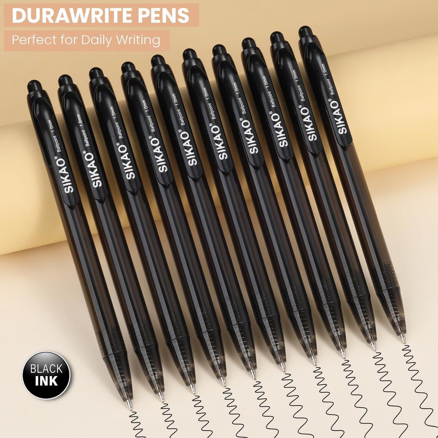 Black Pens Bulk, 60 Pack Durawrite Retractable Ballpoint Pens Black Ink 1.0mm, Click Pens No Bleed No Skip Smooth & Vivid Writing for Teachers, Students, Restaurant Servers, School & Office Supplies