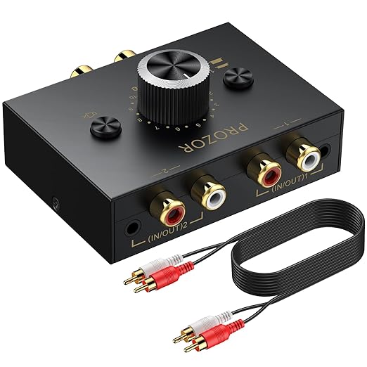 PROZOR 3.5mm & RCA Bi-Directional Audio Switch, 2-in-1-Out / 1-in-2-Out Passive Splitter with Volume Knob & Mute Button, Stereo L/R Audio Switcher Selector Box for Headphones, Amplifiers, Speakers