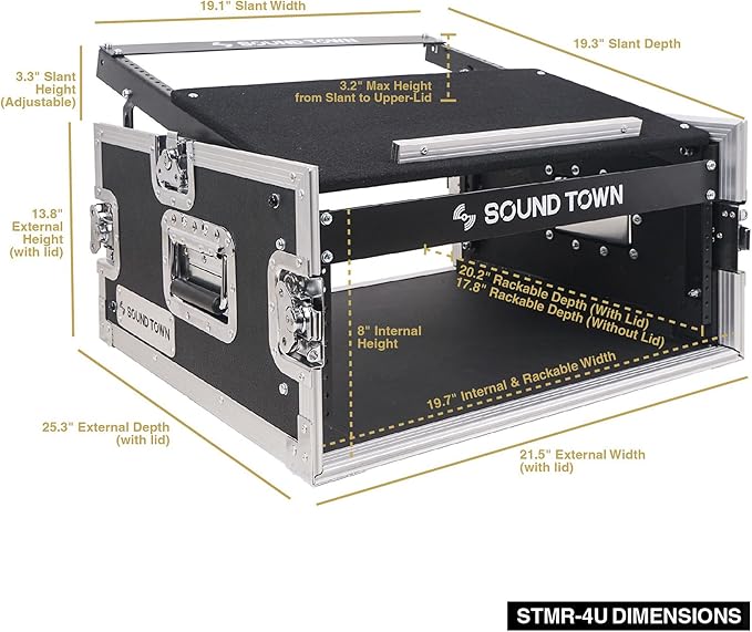 Sound Town 4U PA DJ Pro Audio Rack/Road ATA Case with 11U Slant Mixer Top, 20.2’ Rackable Depth, 4 Space Size - Pro Tour Grade (STMR-4U)