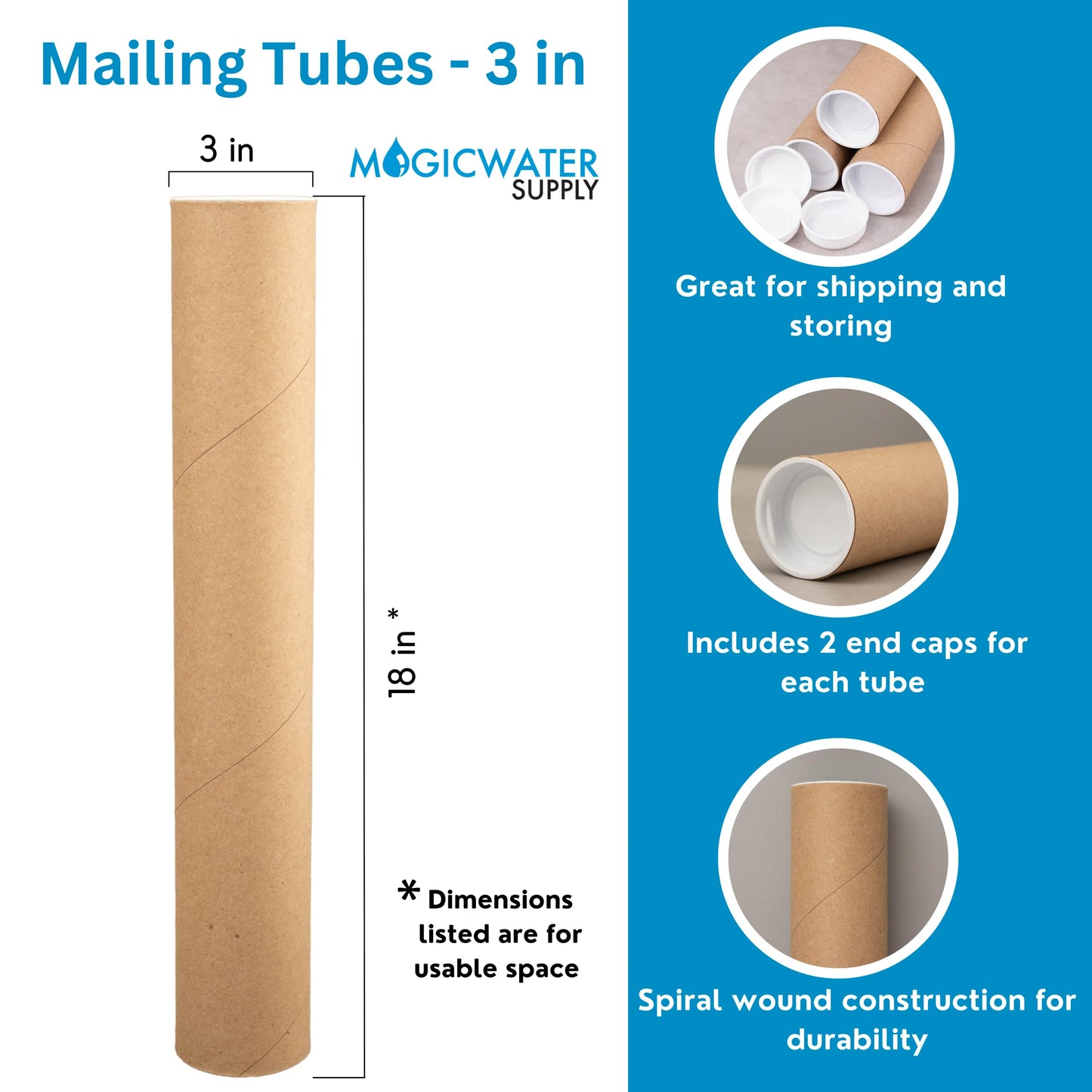 MagicWater Supply Mailing Tube - 3 in x 18 in - Kraft - 4 Pack - for Shipping and Storage of Posters, Arts, Crafts, and Documents