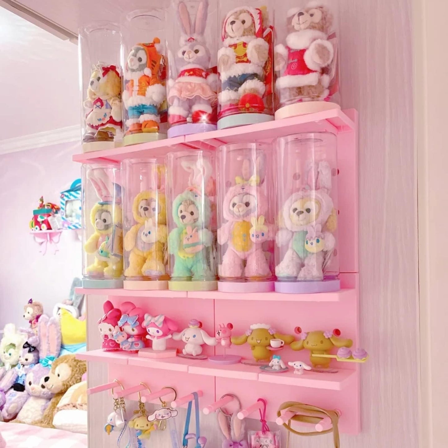 HGYZE Peg Boards for Wall with Shelf & Hooks, No Punching Craft Storage, Small Pegboard Ledges Organizer for Hanging Keychains, 4 Pack Decorative Wall Panel Kits for Blindboxes Lightweight Dolls, Pink