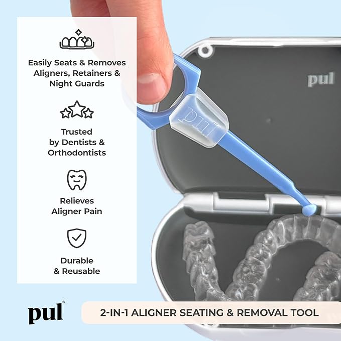 PUL Aligner Care Convenience Kit – Case + 2-in-1 Tool for Invisalign, Retainers, Partial Dentures, Mouth & Night Guards & More – Gray Case & 2-Pack of Blue Aligner Seating Chewie & Removal Tool
