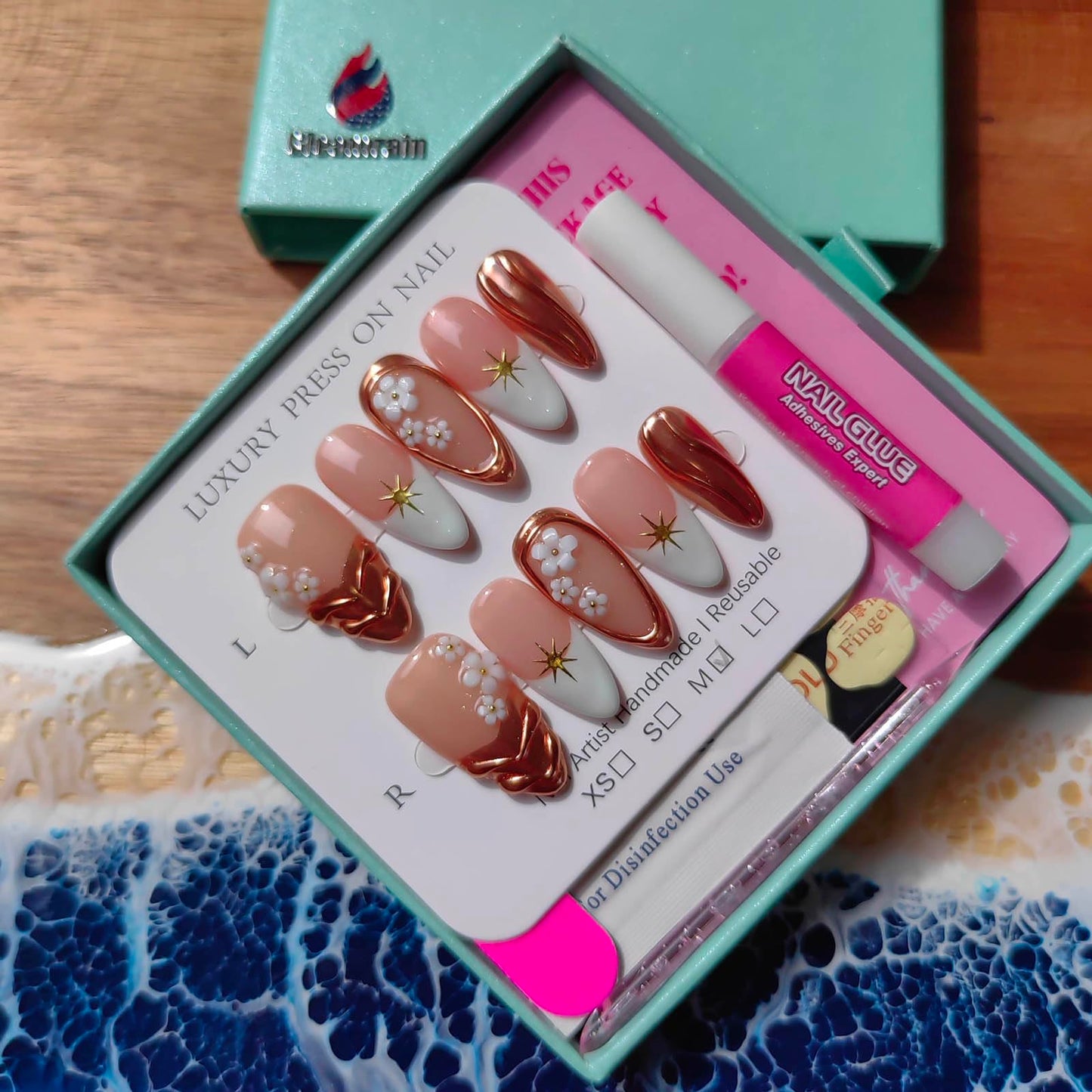 Gleamrain Handmade Press on Nails Almond Shape M Size/Gleamrain Luxury Medium Hand Made Nails with Design for Women 10Pcs by P07