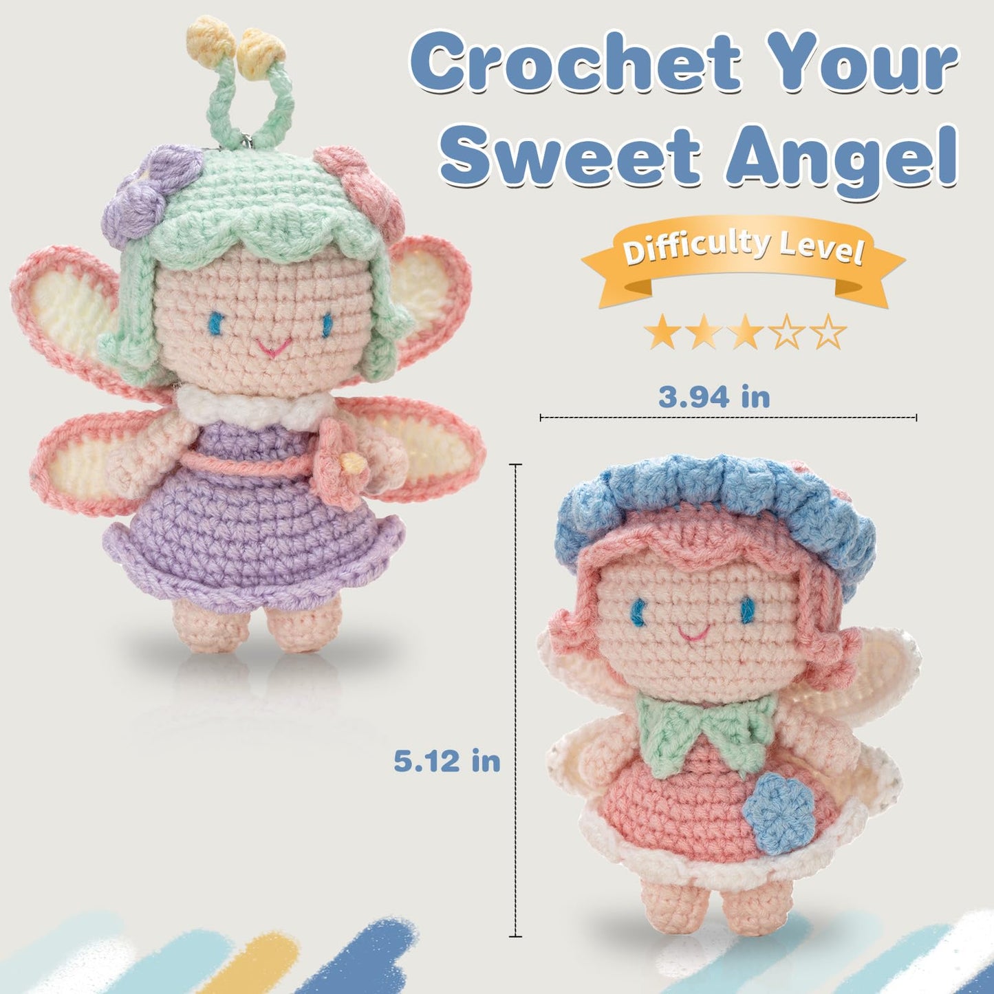 Crochet Kit for Beginners, Crochet Starter Kit with Step-by-Step Video Tutorials, Easy Beginner Crochet Kit for Adults, Crochet Animals Crafts Crochet Kits, Easy Knitting Kit. (Cute Angel 2 Pick)