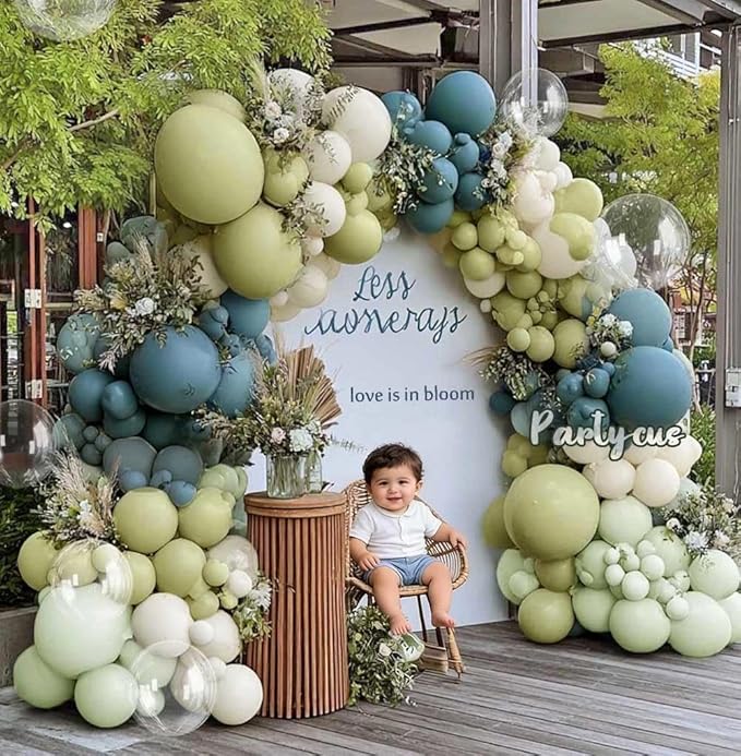 Dusty Blue & Mint Green Balloon Arch Kit, Double Stuffed with Clear Bobo – Slate Blue, Olive, White & Beige Latex Balloons for Baby Shower, Bridal & Wedding