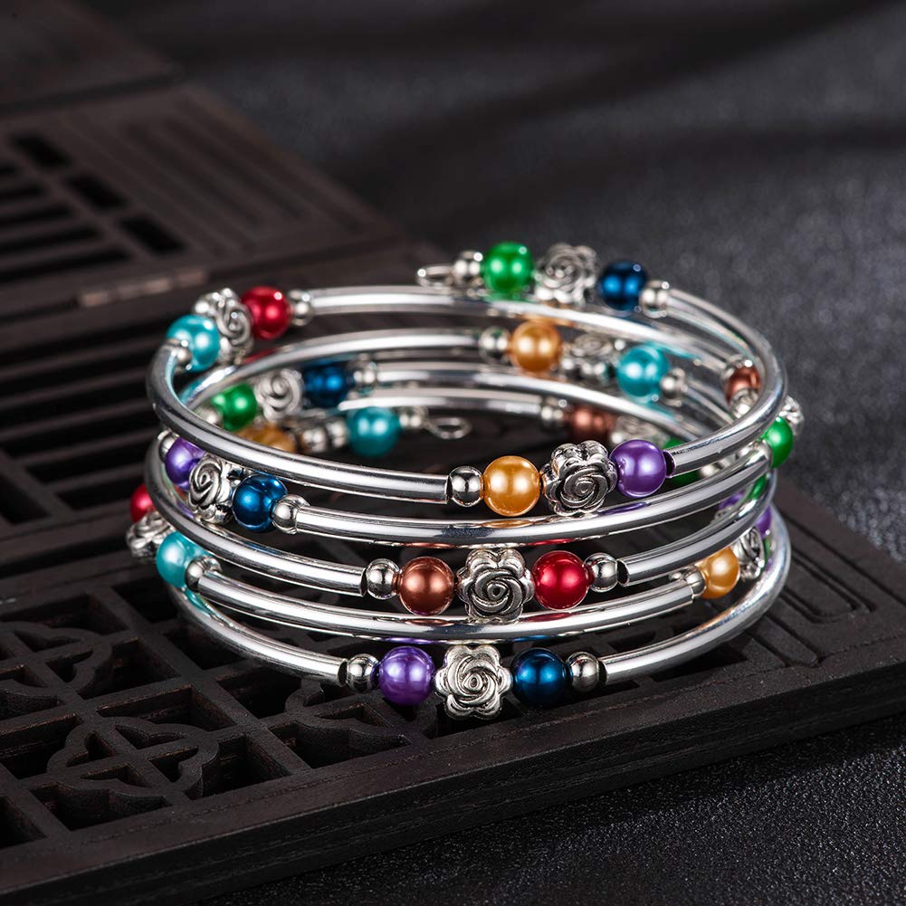 BULINLIN Wrap Bangle Rose Bead Bracelet - Beaded Bracelet with Natural Agate Stone Gifts For Women(01-Colorful pearl)