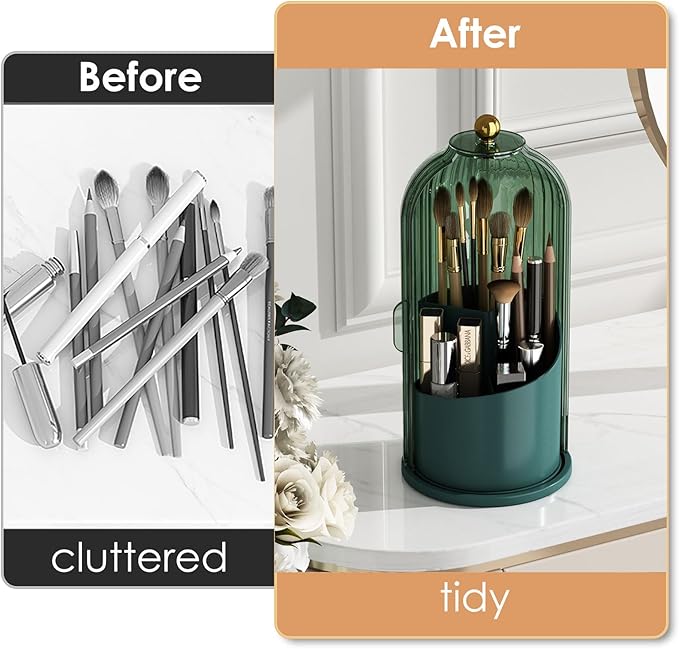 Makeup Brush Holder with Lid 360 Rotating Clear Dustproof Make Up Organizers for Vanity Bathroom Countertop, Green