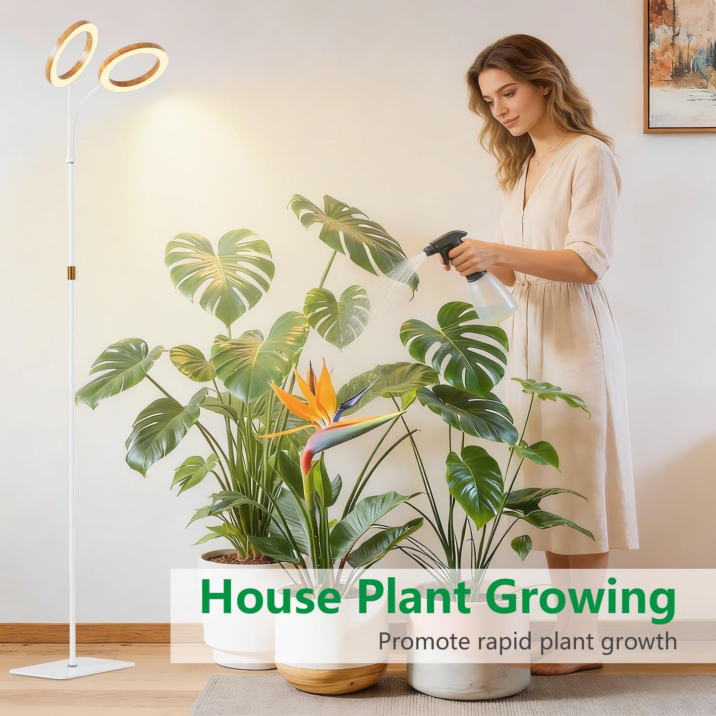 LPMZMBL Dual Head Grow Light for Indoor Plants Full Spectrum-Floor Standing Plant Lamp with Auto Timer 6/12/18H, 5-Level Dimmable & Adjustable Height 16.5-68in for Large Tall Plants | Faux Wood Design