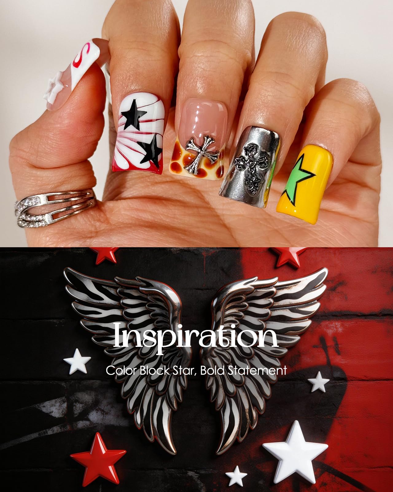 Buleens Handmade Press on Nails Acrylic Duck Nails-10pcs Short Edgy Punk Star Cross 3D Fake Nails Kits with Glue