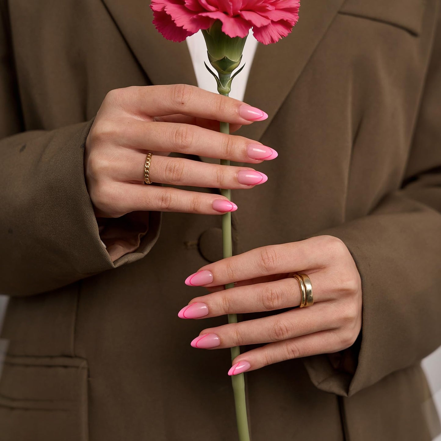 BTArtbox French Tip Press On Nails - Social Grace, Lamp-Curable 4-Week Wear Hot Pink Short Almond Press On Nails with Glue and Adhesive Tabs, Easy-to-Apply in 16 Sizes - 32 Nails All-in-One Kit