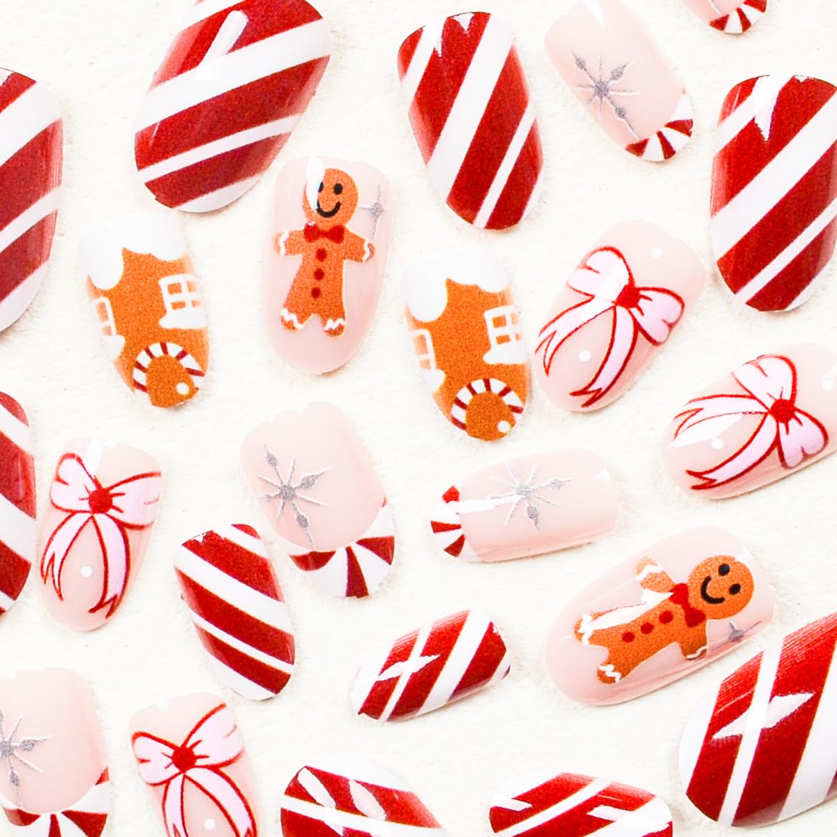 Christmas Gingerbread Man Press on Nails Short Oval Fake Nails with Bow & Stripe Designs Red Whiter Tip Xmas Cute False Nails Winter Holiday Nail Press ons Snowflake Full Cover Glue on Nail 24Pcs